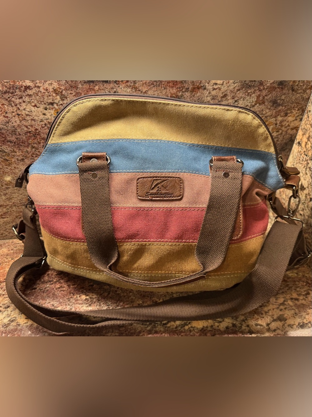 Canvas Stripe Crossbody Bag - Multicolor with Brown Straps